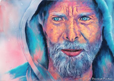 Le p&ecirc;cheur Pastel sur fond aquarelle d'apr&egrave;s photo  Claude Robillard 60 x 80 cm