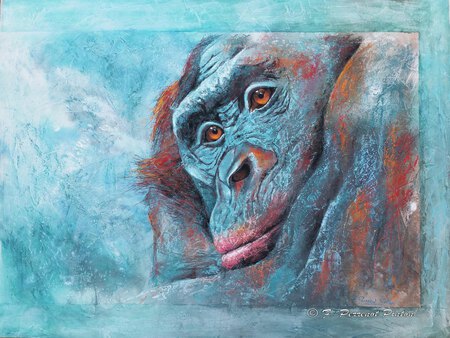 Le penseur de la for&ecirc;t Pastel sur fond aquarelle d'apr&egrave;s photo Edwin Butter 60 x 80 cm