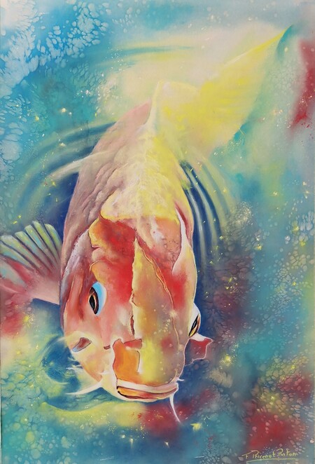 "Eclats d'or dans un r&ecirc;ve aquatique" Pastel 40x60 cm sur papier UART avec sous couche &agrave; l'aquarelle d'apr&egrave;s photo Pamela Woodyard Escobedo