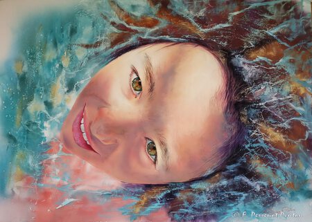 "Jeu aquatique" Pastel sur fond aquarelle 50 x 70 cm