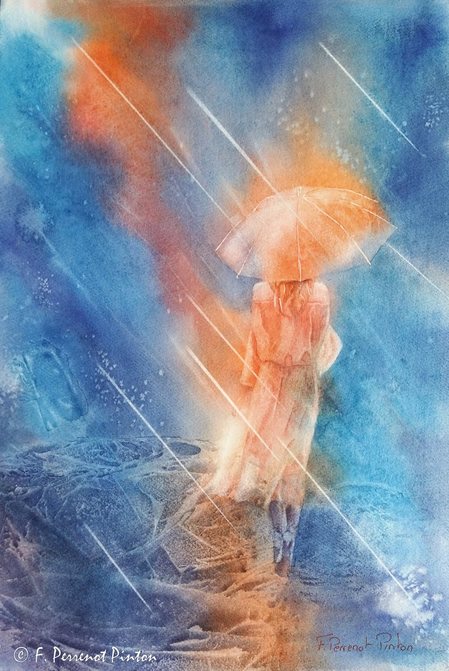"La femme au parapluie" aquarelle 40 x 50cm