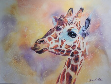 "La girafe" 30x40 cm sur papier pastelmat avec fond &agrave; l'aquarelle