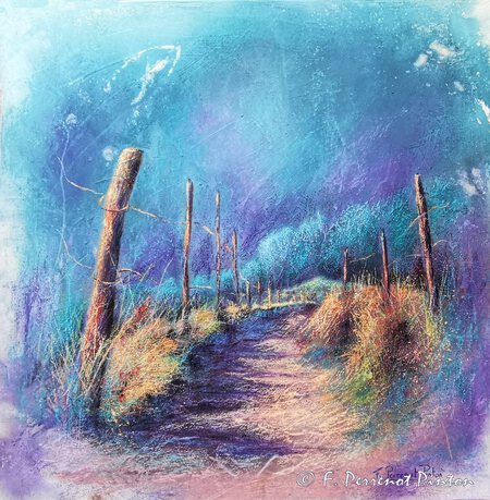 "Le chemin " Pastel sur toile apprêtée fond aquarelle 50 x50 cm