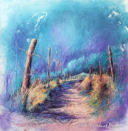 "Le chemin " Pastel sur toile appr&ecirc;t&eacute;e fond aquarelle 50 x50 cm