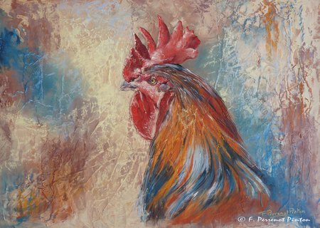 Le coq Pastel sur fond aquarelle d'apr&egrave;s photo Akk-Rus (40 x50 cm)