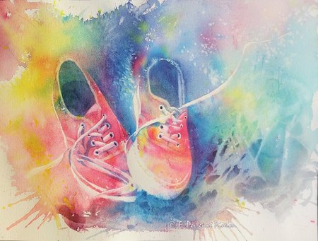 Les baskets aquarelle 30 x 40 cm d'apr&egrave;s photos Daughterville Festival