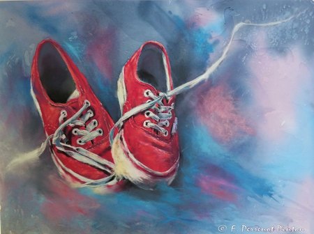 Les baskets pastel sur fond &agrave; l'aquarelle 30 x 40 d'apr&egrave;s photo Daughterville Festival