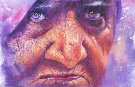 La vieille femme Pastel sur fond aquarelle d'apr&egrave;s phoro Rudra Mandal