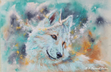 " Wolfy" pastel 40x60 cm sur Uart 800 fond à l'aquarelle d'après photo pixabay