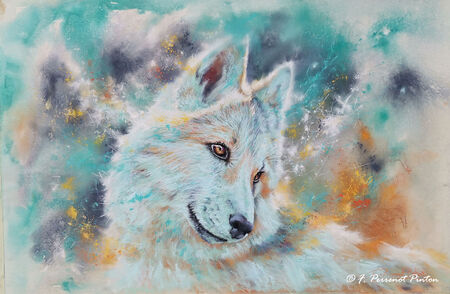 " Wolfy" pastel 40x60 cm sur Uart 800 fond &agrave; l'aquarelle d'apr&egrave;s photo pixabay