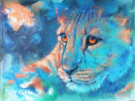 "Le lionceau" Pastel sur fond aquarelle 60 x 80 cm d'après photo Natasha Jefferies