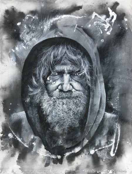 Sans abri pastel sur fond aquarelle 60x 80 cm